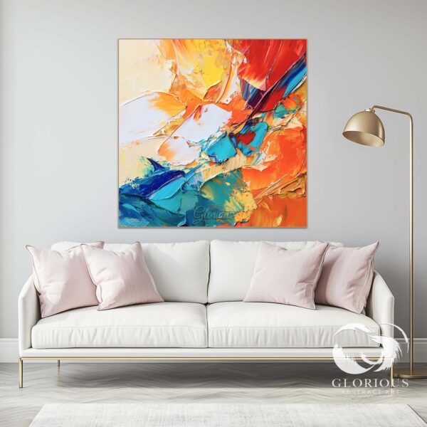 Bold abstract painting with vibrant blue, orange, and yellow brushstrokes on a large canvas.