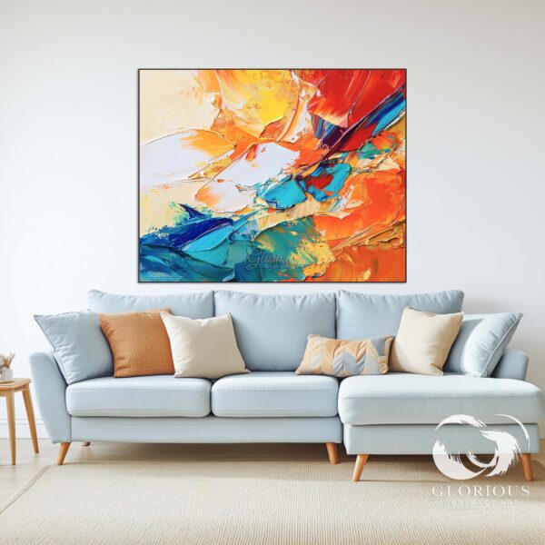 Colorful abstract painting in a modern home office with a clean, contemporary design.