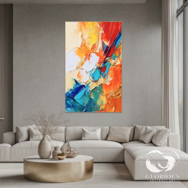 Large modern abstract wall art displayed in a stylish living room.