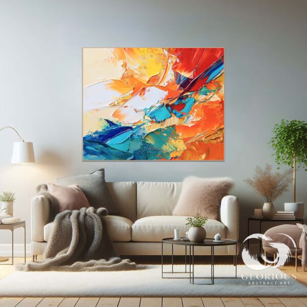 Oversized colorful abstract painting with textured layers and dynamic brushstrokes.