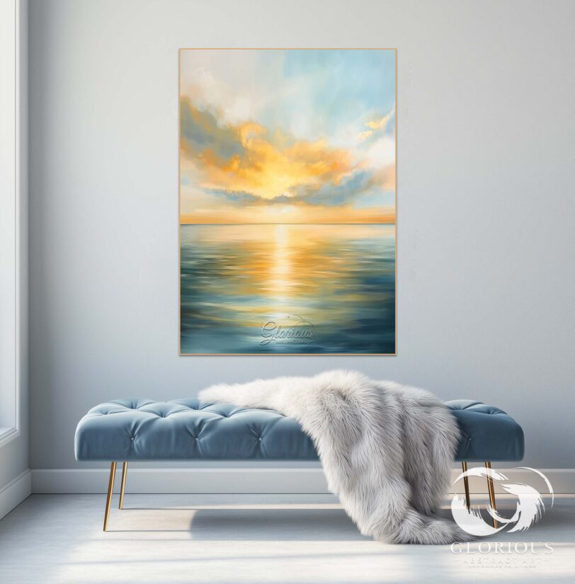 Close-up of textured brushstrokes in an abstract sunrise ocean painting.