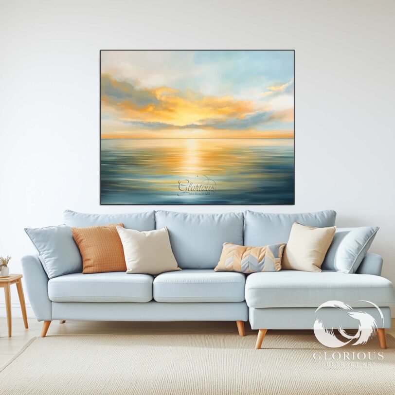 Abstract painting of sunrise with water reflections in blue and gold