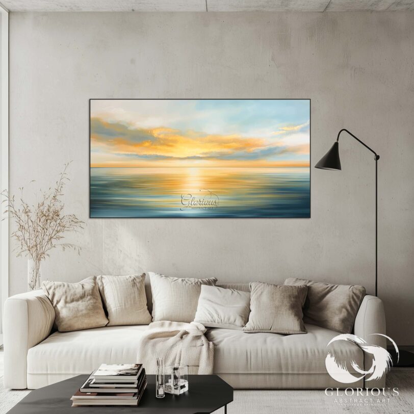 Large abstract painting with sunrise and waves, perfect for wall decor.