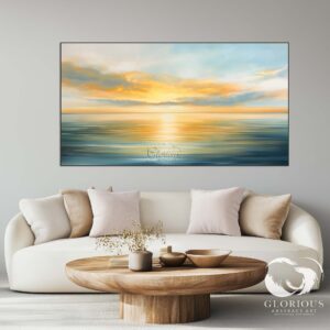 Modern seascape painting with warm sunrise tones and soft textures.