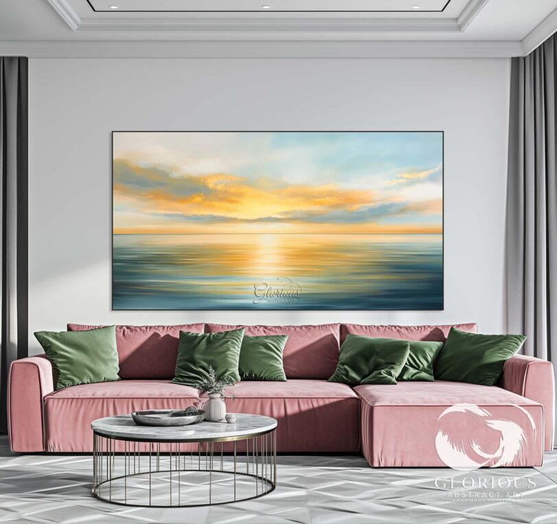Handmade abstract sunrise painting on canvas with coastal vibes.
