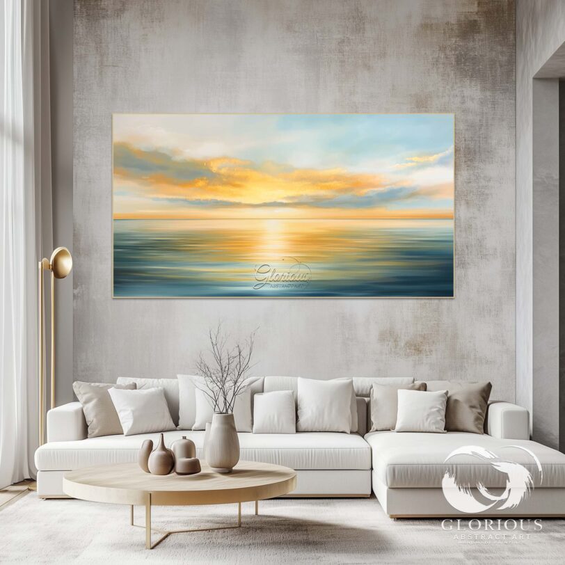 Abstract seascape painting with sunrise and textured brushstrokes