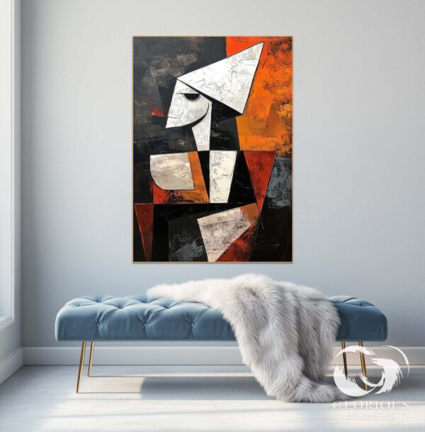 Artist working on an abstract painting, applying bold brushstrokes.