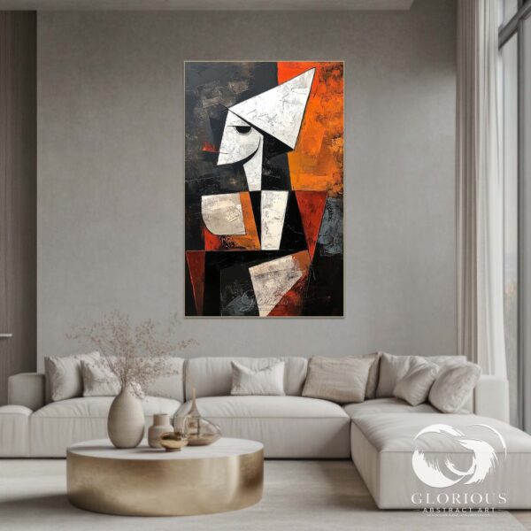 Geometric abstract painting with black, white, and orange tones on a textured canvas.