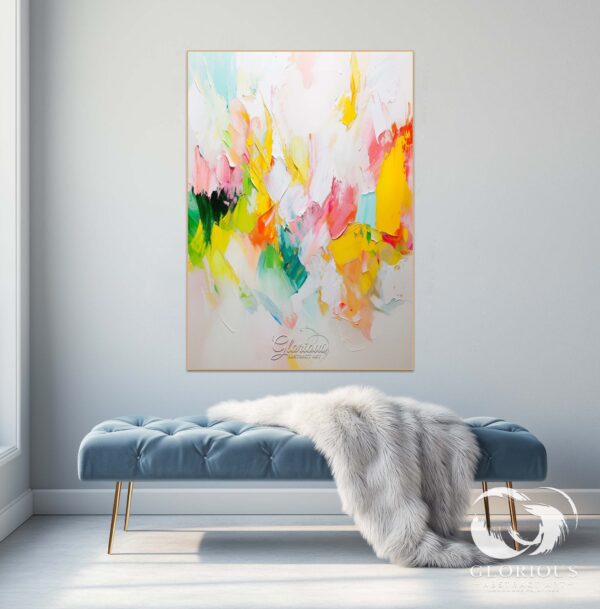 Textured abstract art with vibrant colors showcased in a stylish modern hallway.