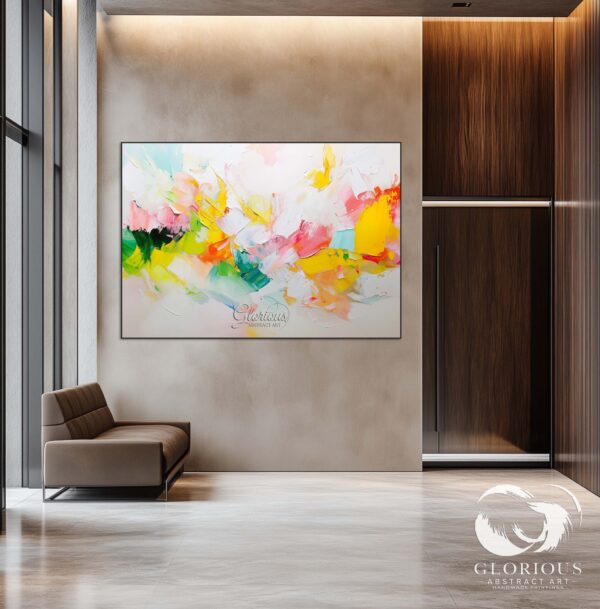 Oversized abstract canvas with textured strokes in pink, yellow, and green tones for contemporary decor.