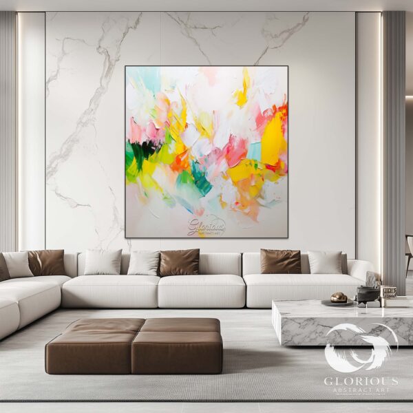 Bright abstract canvas with textured brushstrokes in a modern office decor setting.