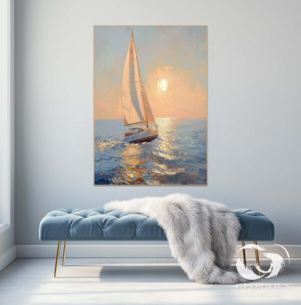 Large abstract canvas of a sailboat under a glowing sunset, displayed in a minimalist room.