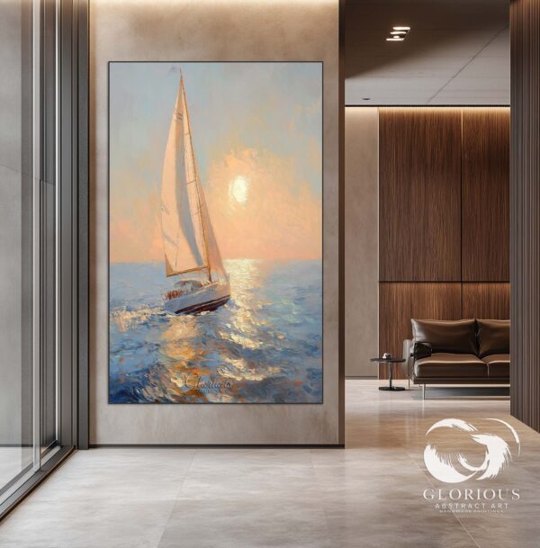 Serene sailboat painting with warm sunset reflections and textured brushstrokes.