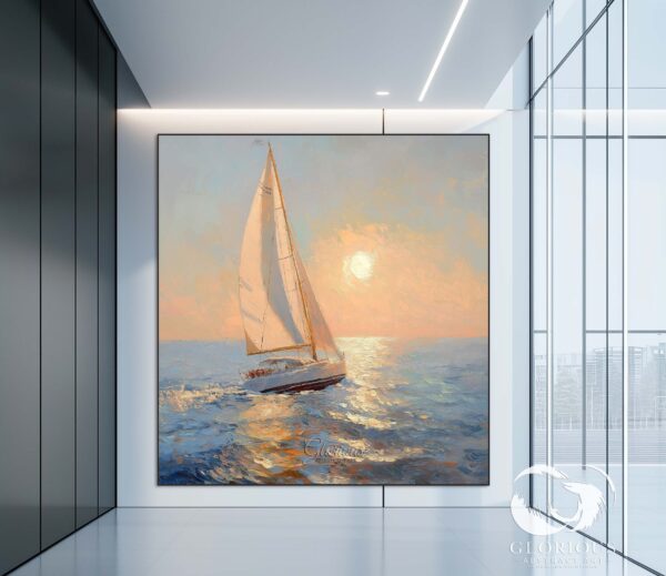 Modern abstract sailboat art with bold colors and rich textures in a cozy living room