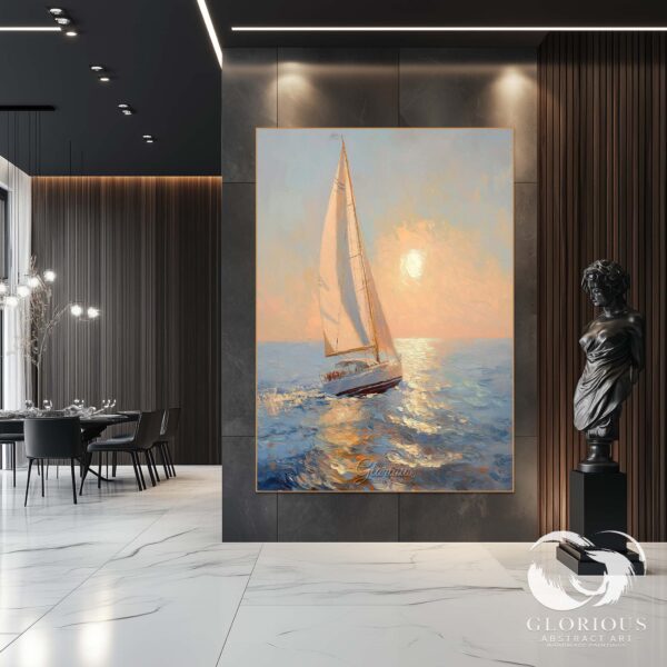 Minimalist decor featuring an abstract sailboat painting with a sunset seascape