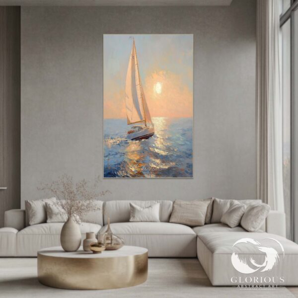 Abstract sailboat painting with warm sunset tones on a textured canvas.