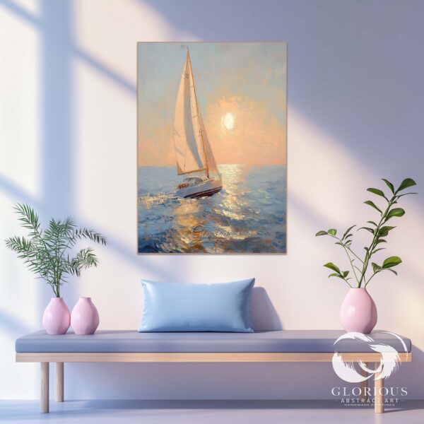 Close-up of textured brushstrokes in a sailboat sunset abstract painting