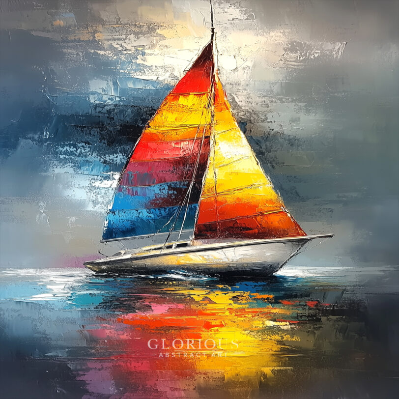 Vibrant abstract painting of a sailboat with colorful red, yellow, orange, and blue sails reflecting on water under a dramatic sky – palette knife texture.