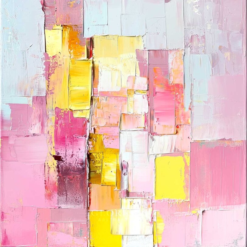 Modern geometric abstract painting with textured palette knife blocks in pastel pink, yellow, peach, and white – contemporary square wall art.