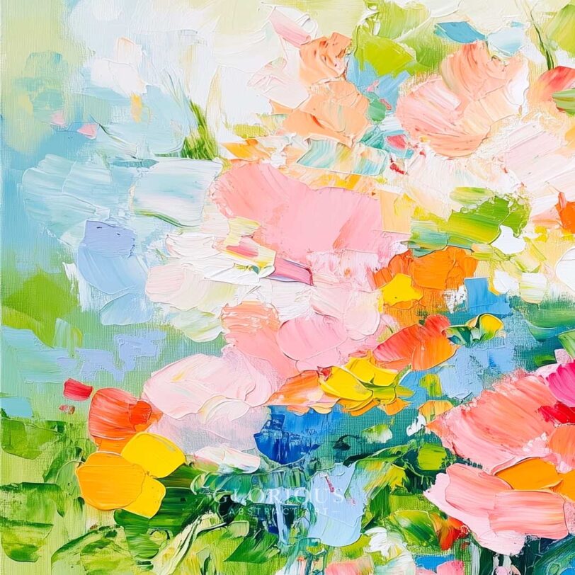 Cheerful floral abstract painting with palette knife textures in pink, yellow, green, blue, and white – vibrant garden-inspired wall art
