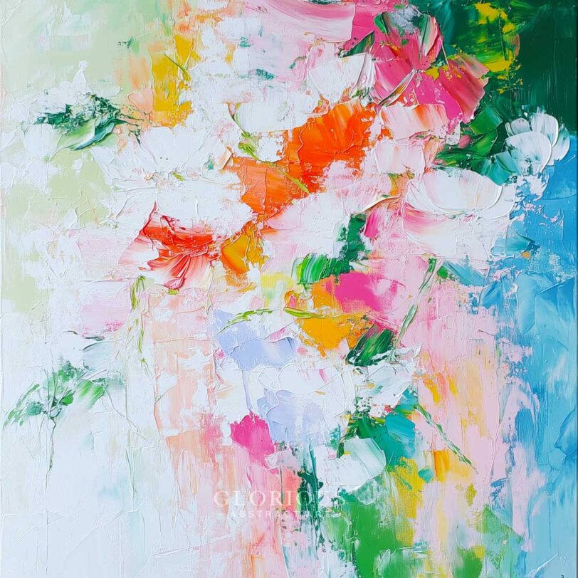Textured floral abstract painting with palette knife strokes in pink, orange, white, green, and blue – vibrant modern flower-inspired wall art