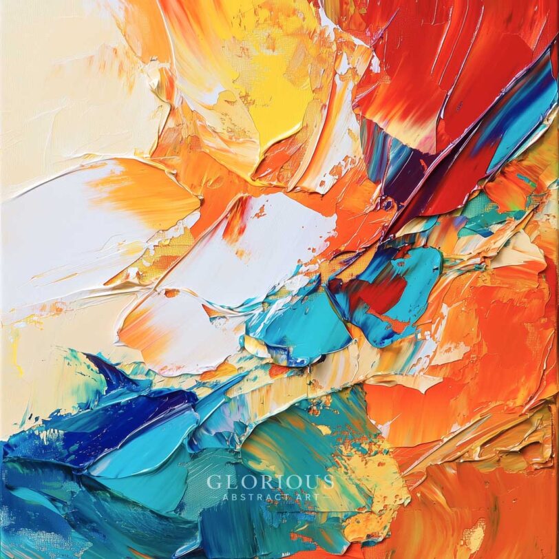 Vibrant abstract painting with thick palette knife textures in red, orange, yellow, white, blue, and teal – modern impasto wall art.