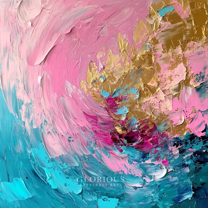 Textured abstract painting with swirling strokes of pink, aqua blue, gold, and magenta – modern floral-inspired wall art.