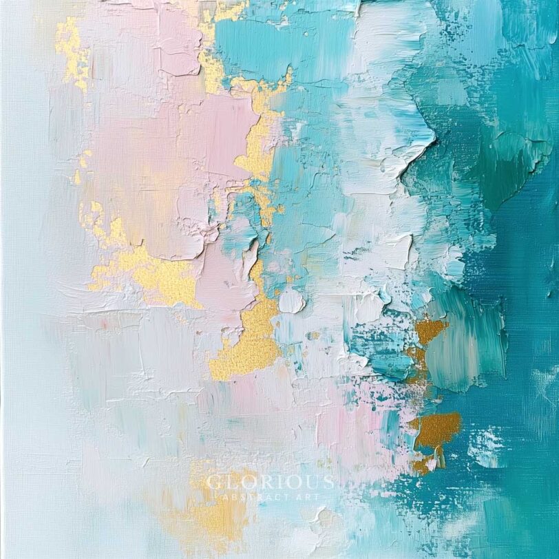 Textured abstract painting in aqua blue, blush pink, and white with gold leaf accents – soft modern wall art on canvas.