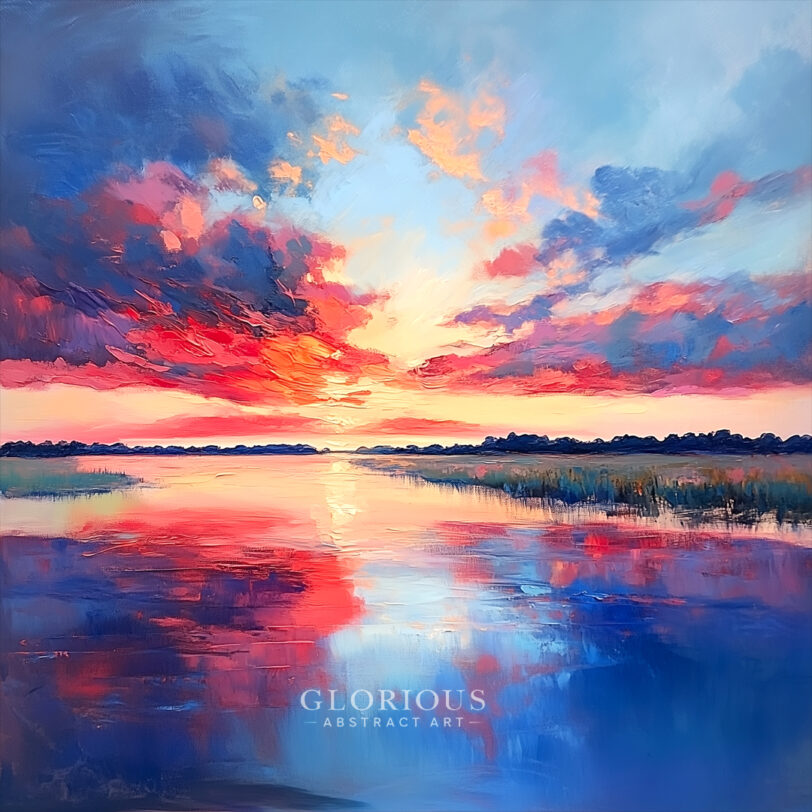 Vibrant sunset landscape painting with dramatic red, pink, and blue sky reflecting over calm water and marshland – impressionist-inspired wall art.