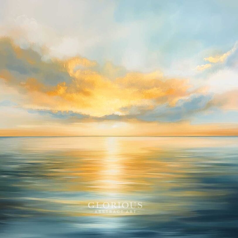 Peaceful ocean sunset painting with soft golden clouds and reflections on calm blue water – minimalist coastal wall art.