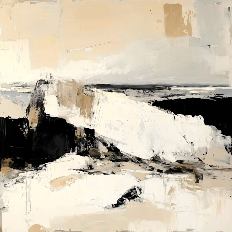 Minimalist abstract landscape painting in neutral beige, black, and white tones with bold palette knife textures – modern wall art.