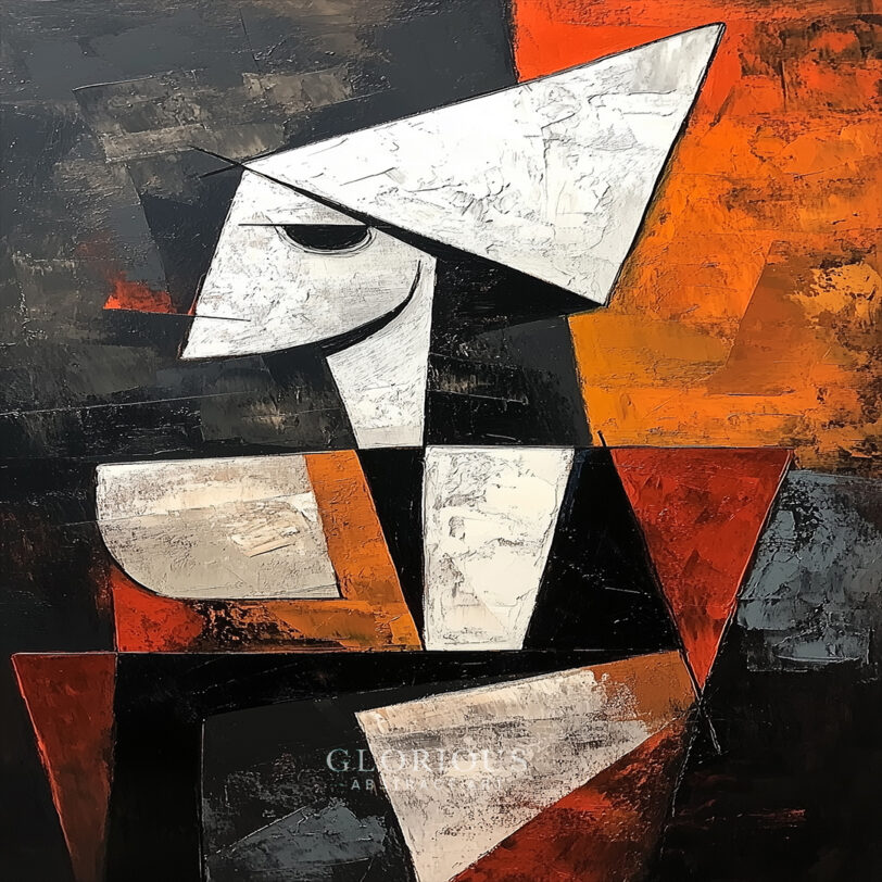 Cubist abstract painting of a seated figure with geometric shapes in black, white, grey, red, and orange – modern expressive wall art.