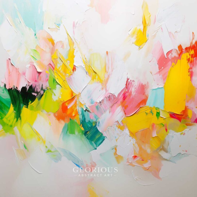 Bright abstract painting with palette knife textures in yellow, green, coral, pink, and white on a soft background – modern joyful wall art.