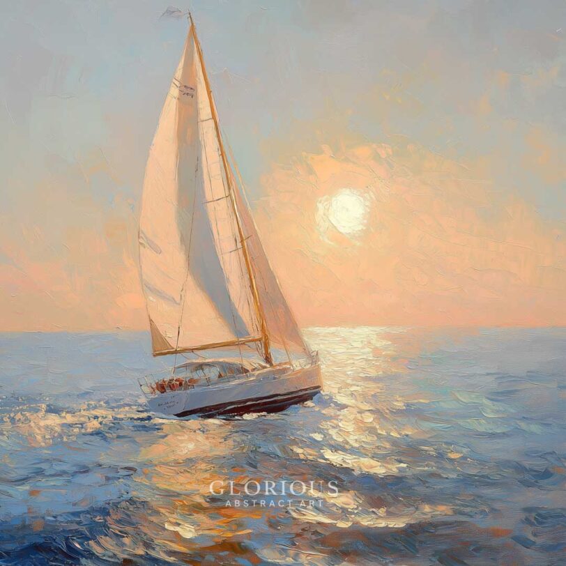 Peaceful sailboat painting on ocean waves under a soft golden sunset with textured brushstrokes – nautical wall art.