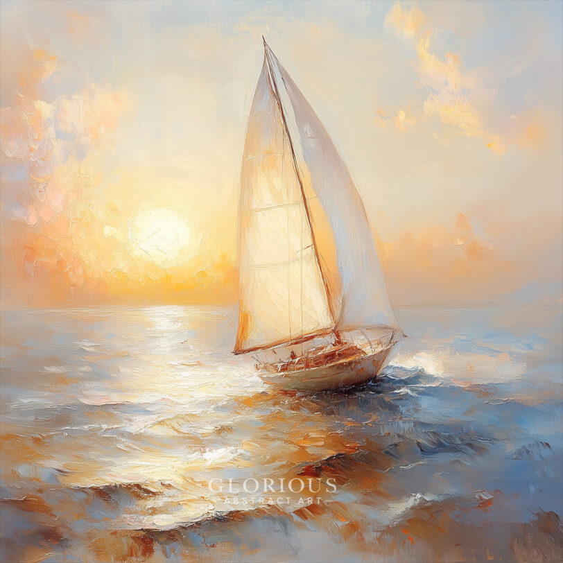 Abstract sailboat painting at golden sunset with warm tones of orange, peach, and blue – textured nautical wall art.