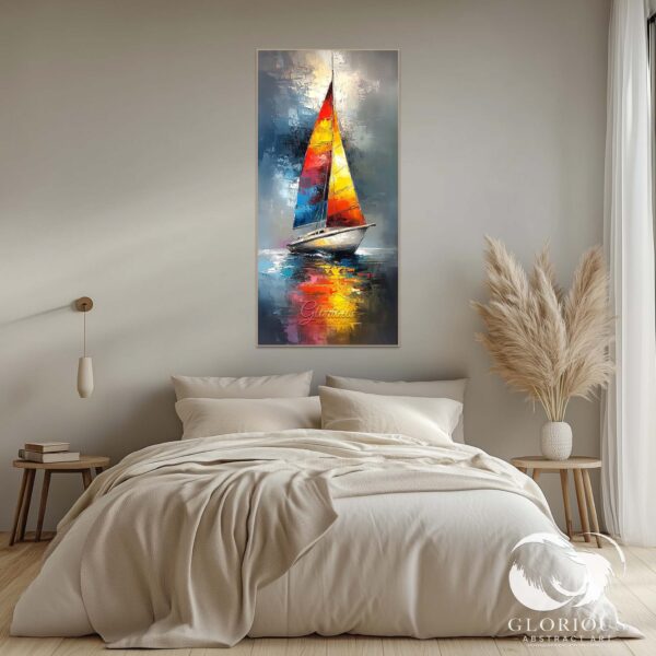 A seascape painting with a sailboat approaching the horizon.