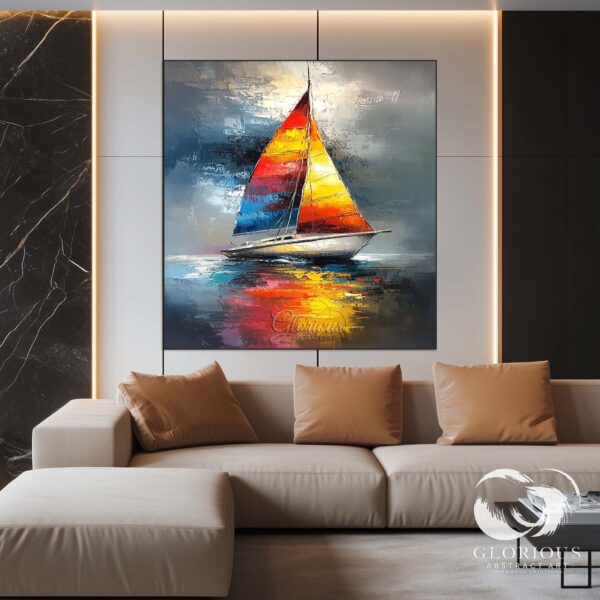 A sailboat with colorful sails navigating through a stormy sea.