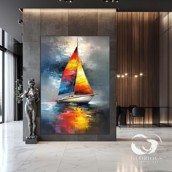 A seascape painting featuring a sailboat with vibrant sails against a stormy sky.