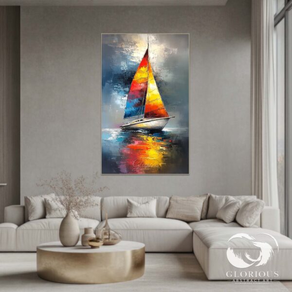 A seascape painting depicting a sailboat with colorful sails navigating through a stormy sea.