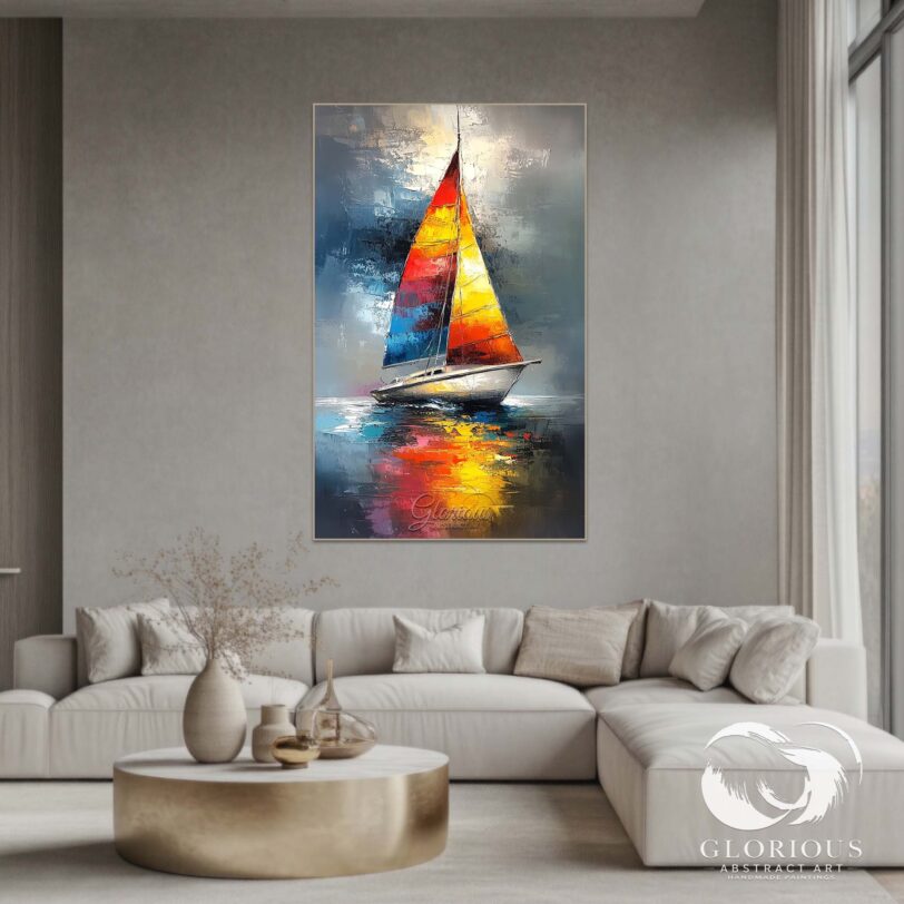 A seascape painting depicting a sailboat with colorful sails navigating through a stormy sea.