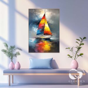 A seascape painting with a colorful sailboat sailing on a calm sea under a dramatic sky.