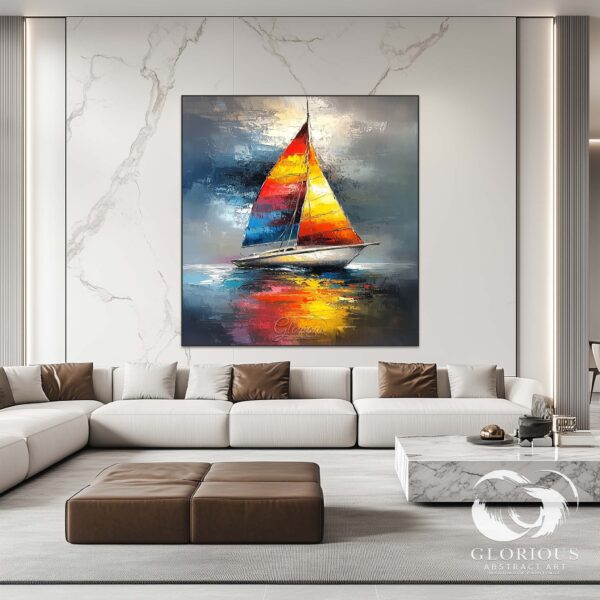 A seascape painting featuring a sailboat with colorful sails.