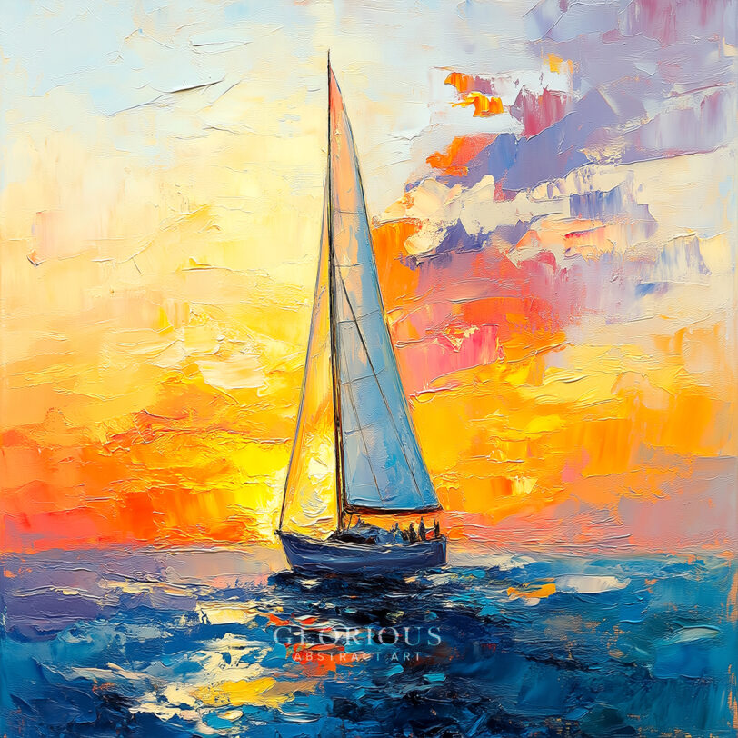 Colorful sailboat painting at sunset with vibrant orange, yellow, purple sky and bold blue ocean – textured nautical wall art.