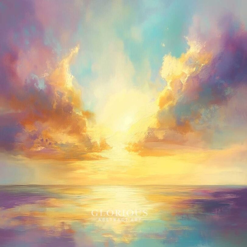 Dreamy seascape painting of a glowing sunrise with soft clouds in pastel tones of lavender, gold, and turquoise reflecting on calm ocean water.