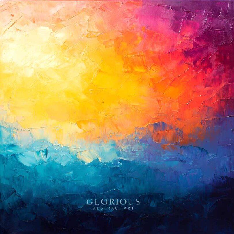 Vibrant abstract painting with textured strokes transitioning from deep blue to yellow, orange, and magenta – bold modern wall art.