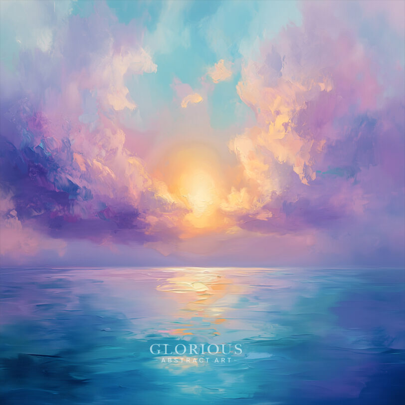 Ethereal seascape painting with soft sunset in pastel tones of lavender, peach, and aqua reflecting over calm ocean waters – dreamy modern wall art.