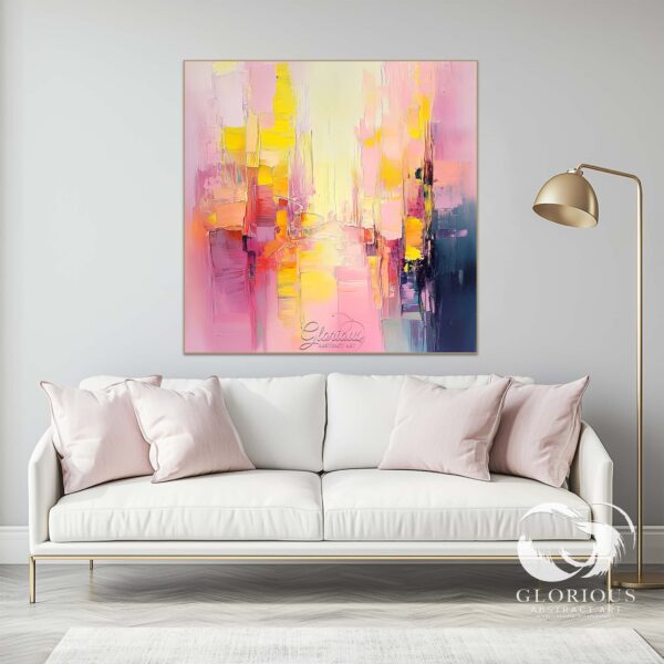 Abstract painting with pink and yellow accents, contemporary wall decor