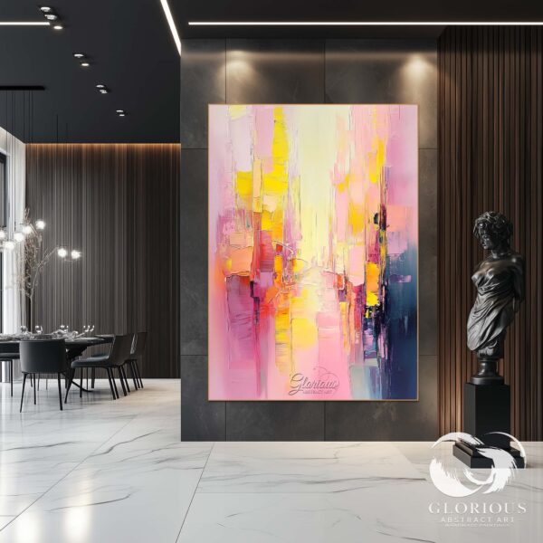 Pink and yellow abstract painting on textured canvas, modern art