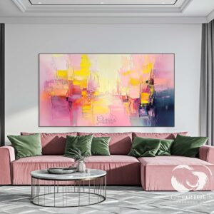 Pink and yellow abstract painting on textured canvas, modern art