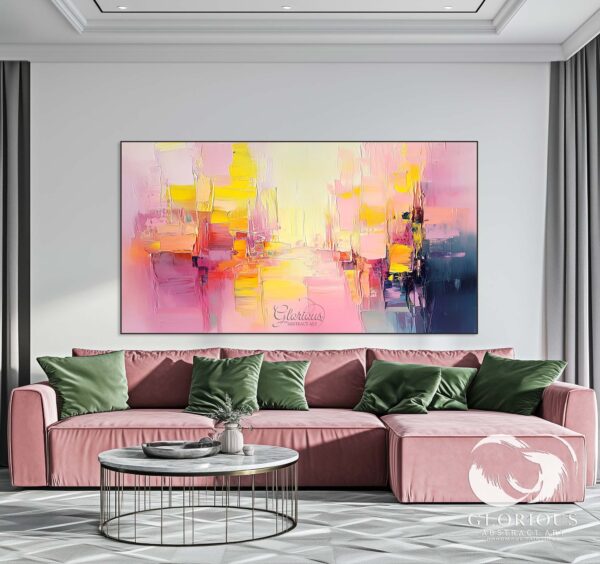 Pink and yellow abstract painting on textured canvas, modern art